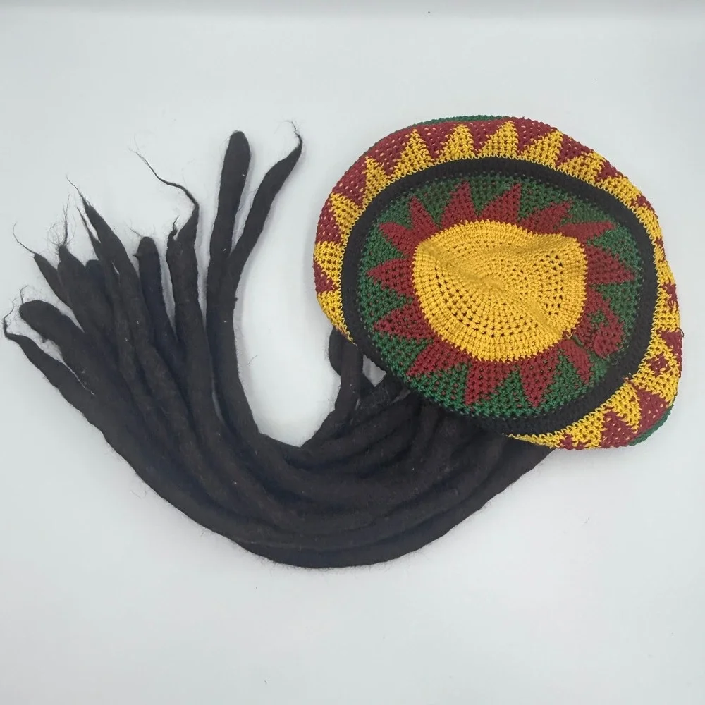 Rasta Crochet Tam Hat with Attached Dreadlocks Reggae Costume Beanie Red Yellow